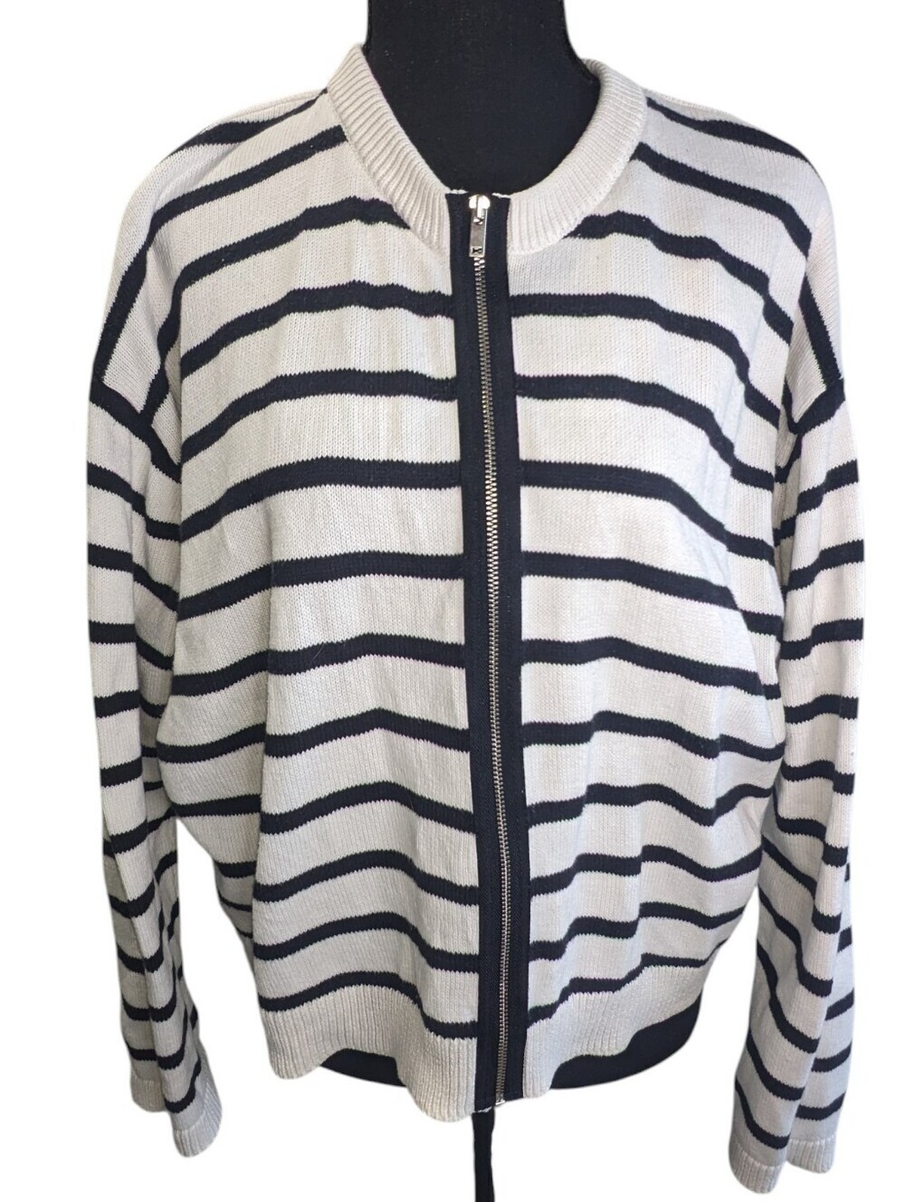 COS Striped Zip-Front Cardigan - Black & White Size L Flaw
